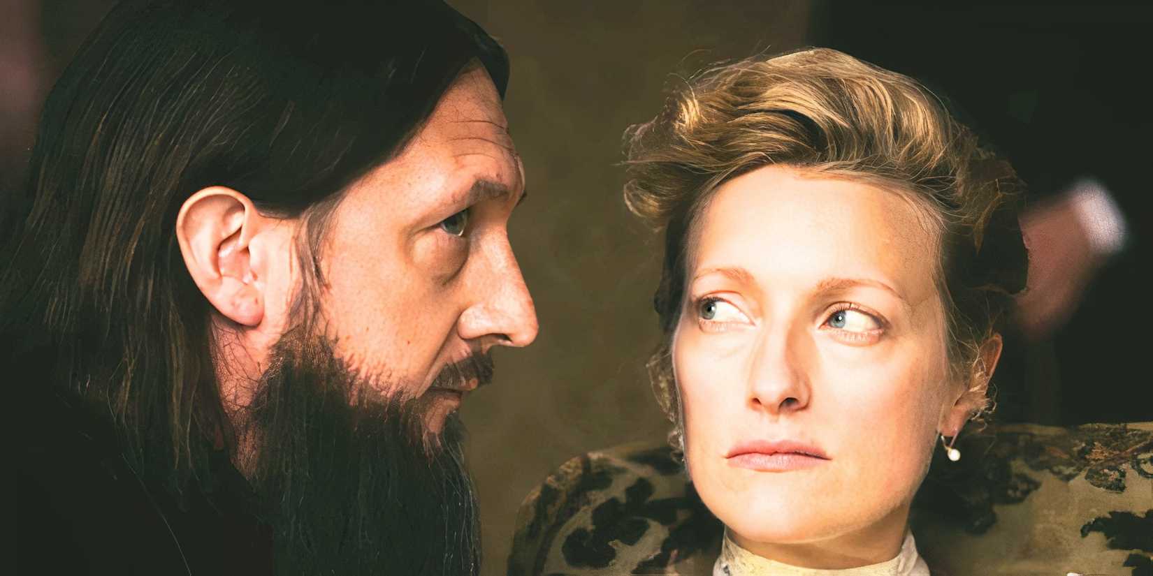 Rasputin whispering in a woman's ear in The Last Czars