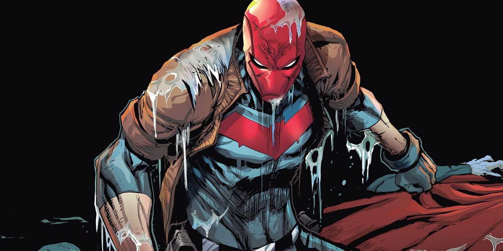 Red Hood in brown leather jacket and full mask