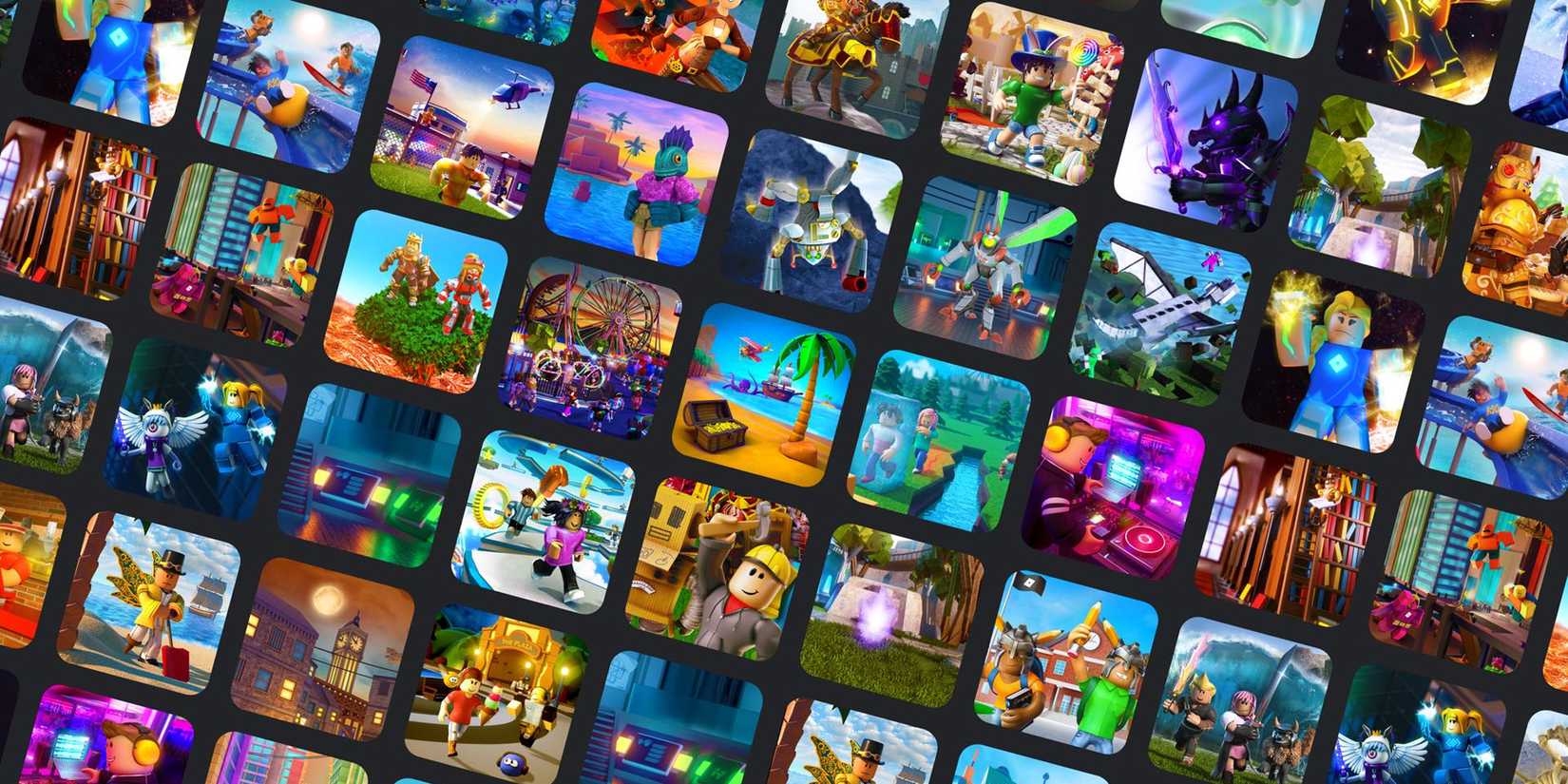 A slanted grid of Roblox game icons