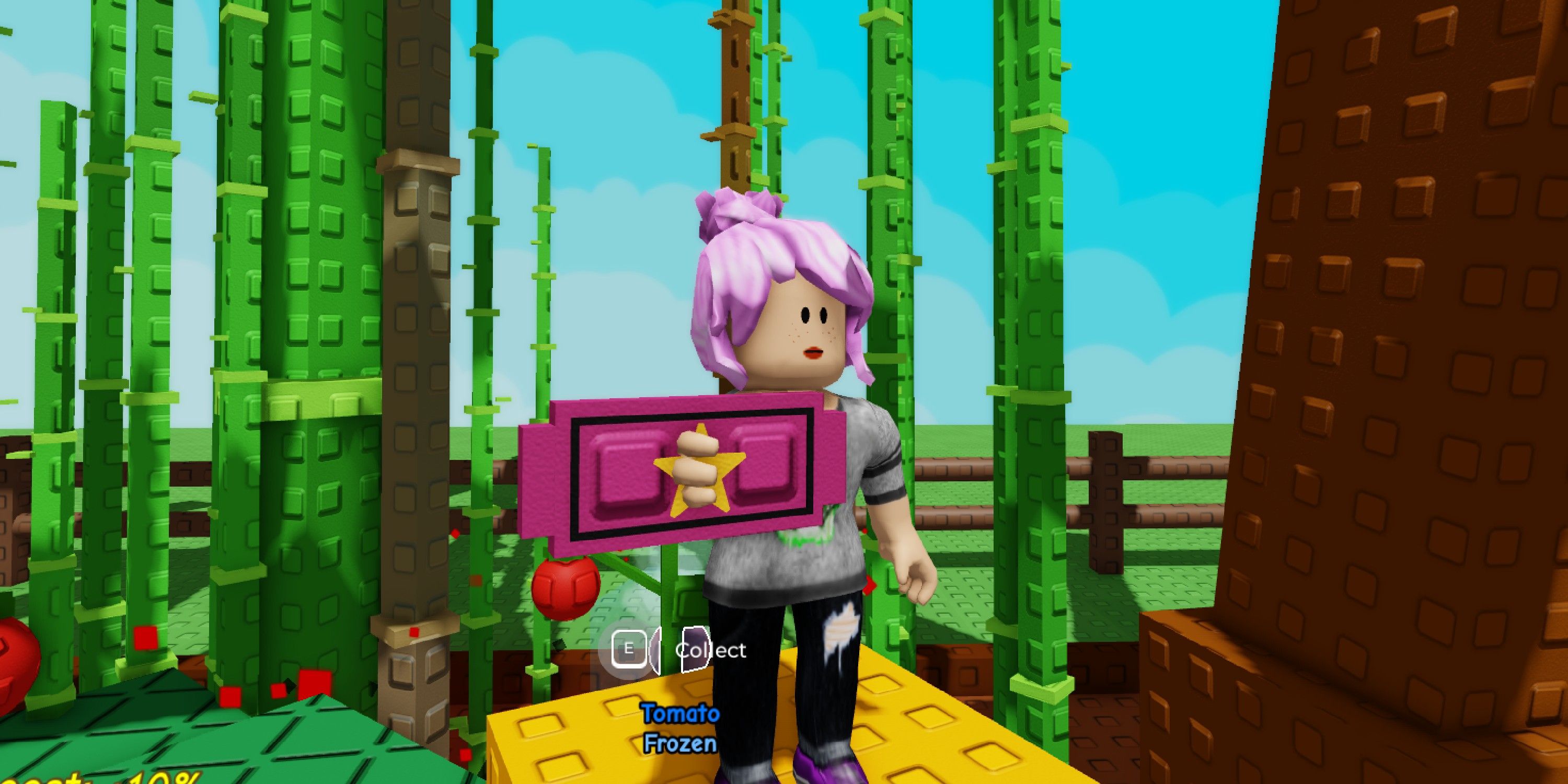 Roblox grow a garden player standing in a garden and holding a trade ticket