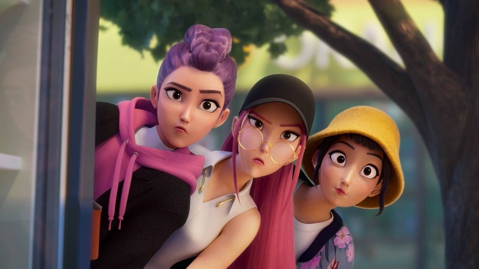 Rumi, Mira and Zoey peeking around a building in KPop Demon Hunters