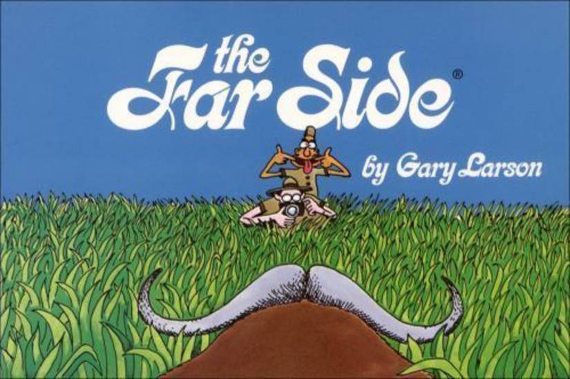 Cover of The Far Side's first collected edition from 1982, featuring explorers antagonizing a wildebeast.