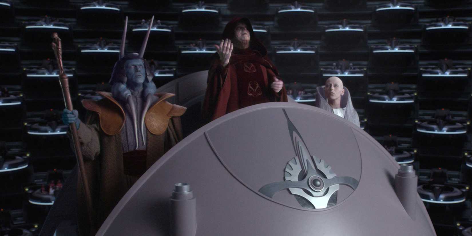 Palpatine (Ian McDiarmid) declares the Republic as the Galactic Empire inside the Senate chambers, with Mas Amedda by his side.