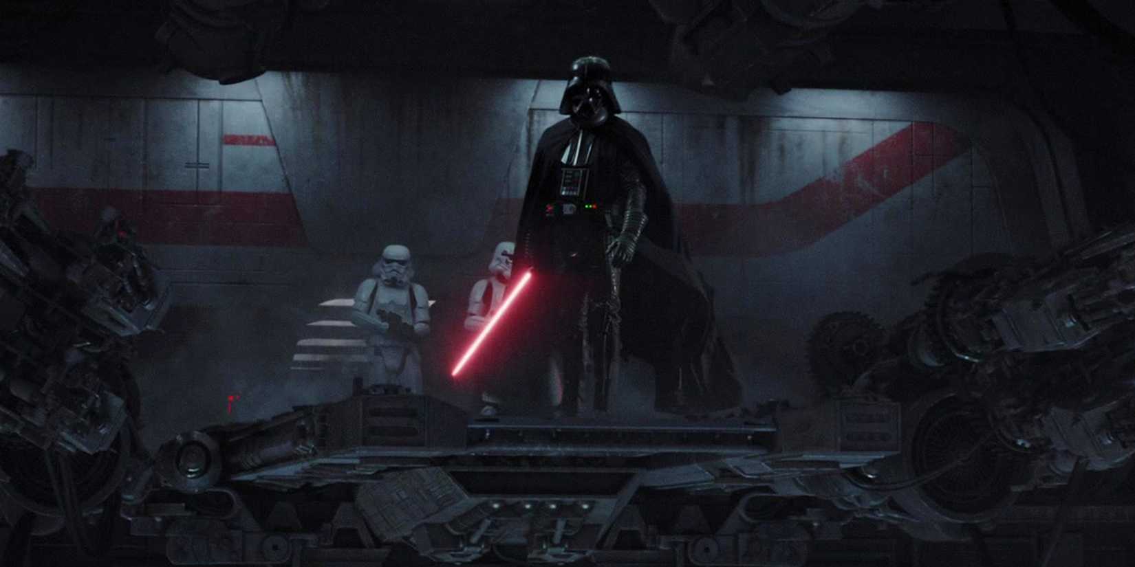 Darth Vader stares out at the open expanse of space after the Tantive IV launches.
