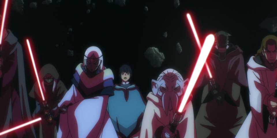 Sith acolytes draw their red blades in preparation for combat.