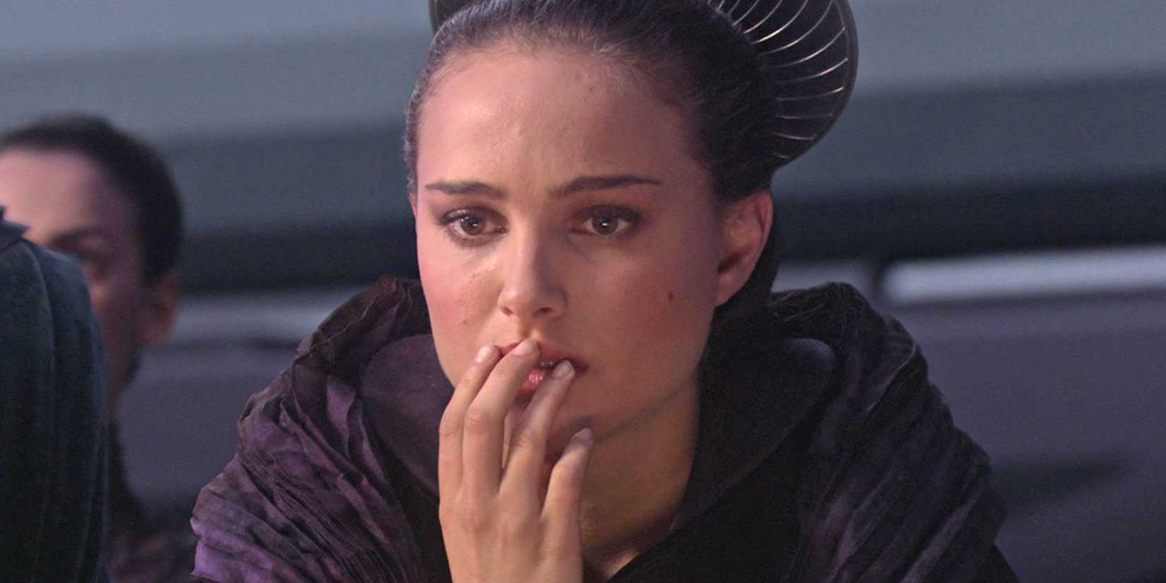 Padmé Amidala (Natalie Portman) looks shocked and disappointed as she reacts to Emperor Palpatine's Senate speech.