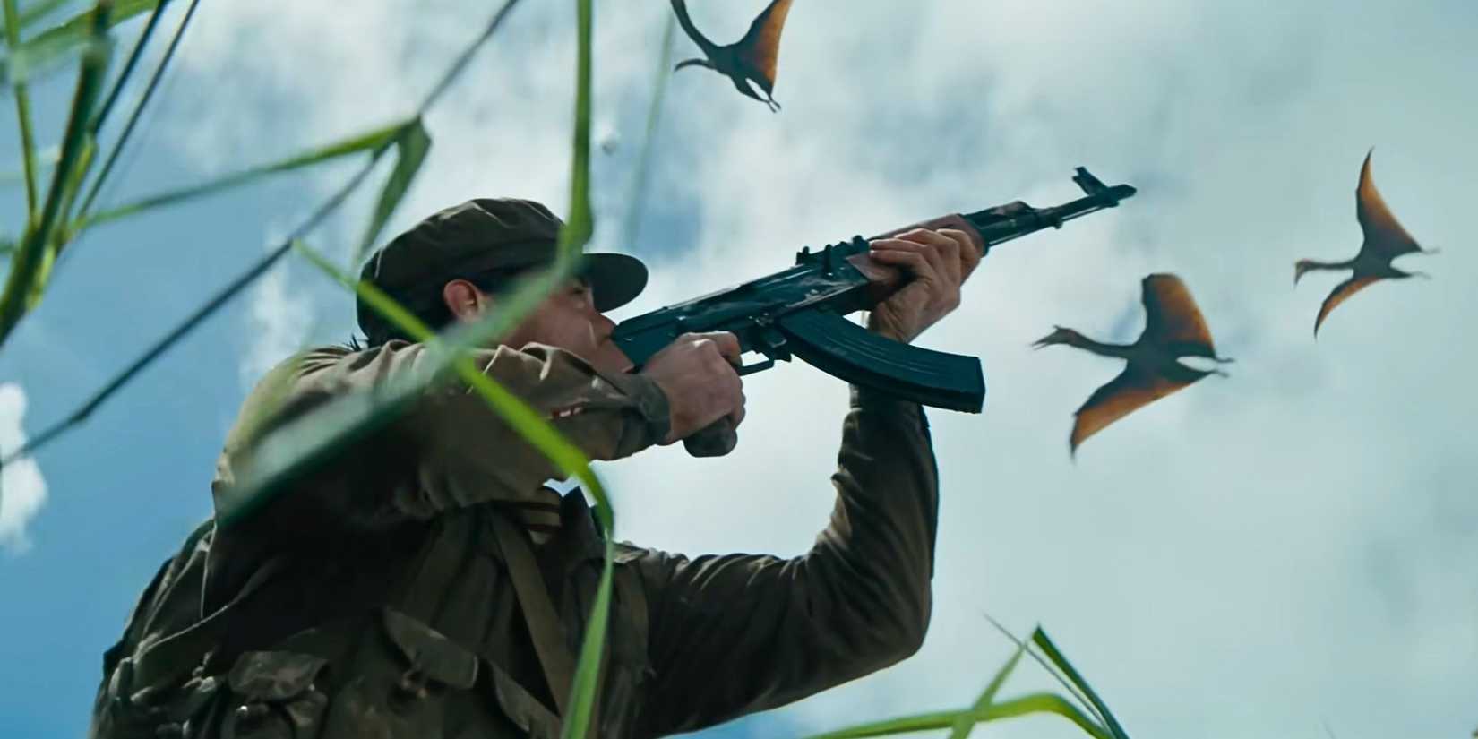 A soldier fires at the sky in Primitive War