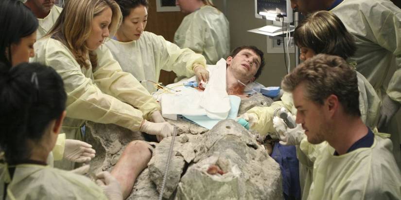 Season 4, Episodes 16 & 17 – “Freedom- Parts 1 & 2” Grey's Anatomy doctors helping patient stuck in cement