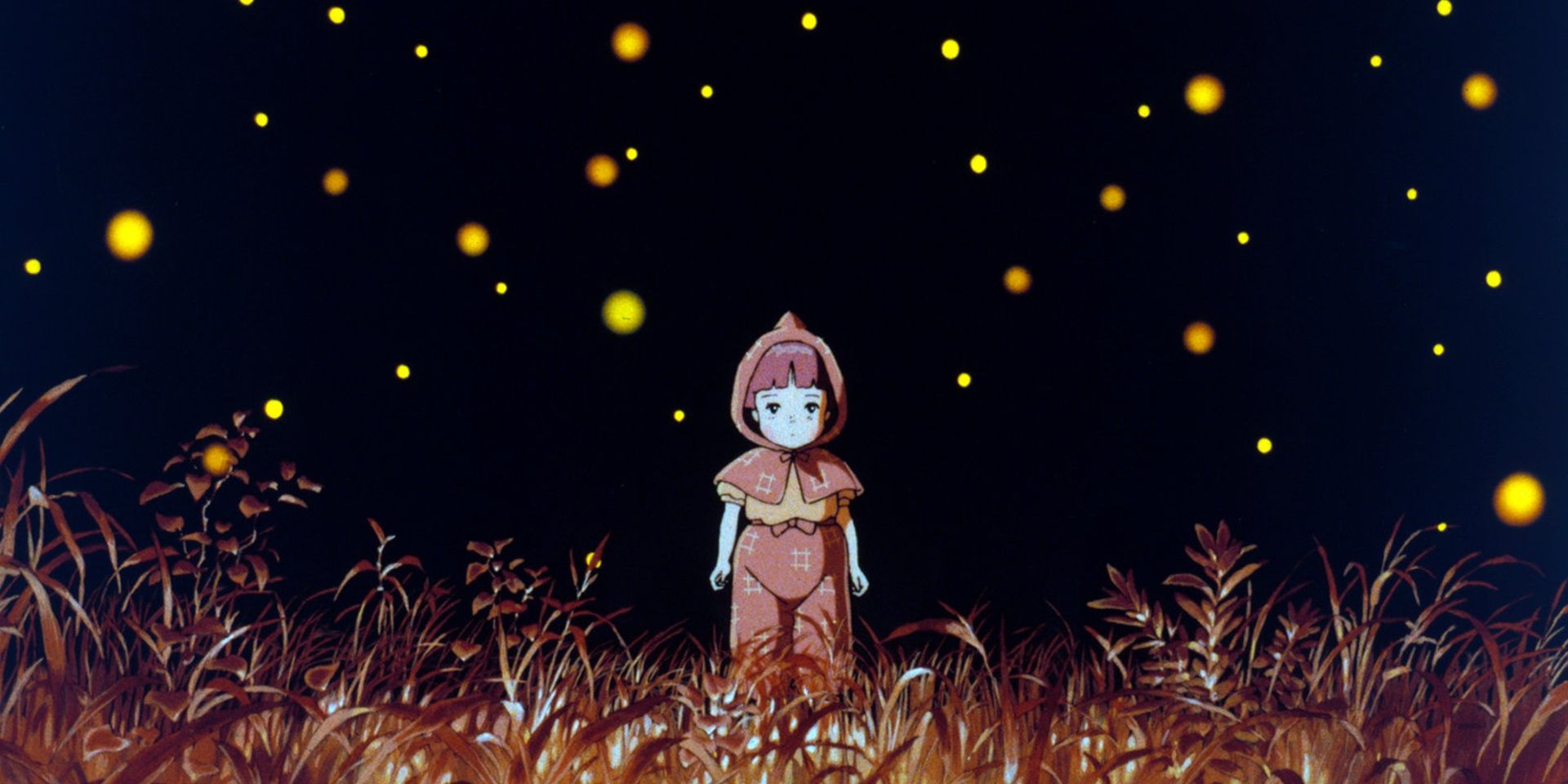 Setsuko surrounded by fireflies at night in Grave of the Fireflies