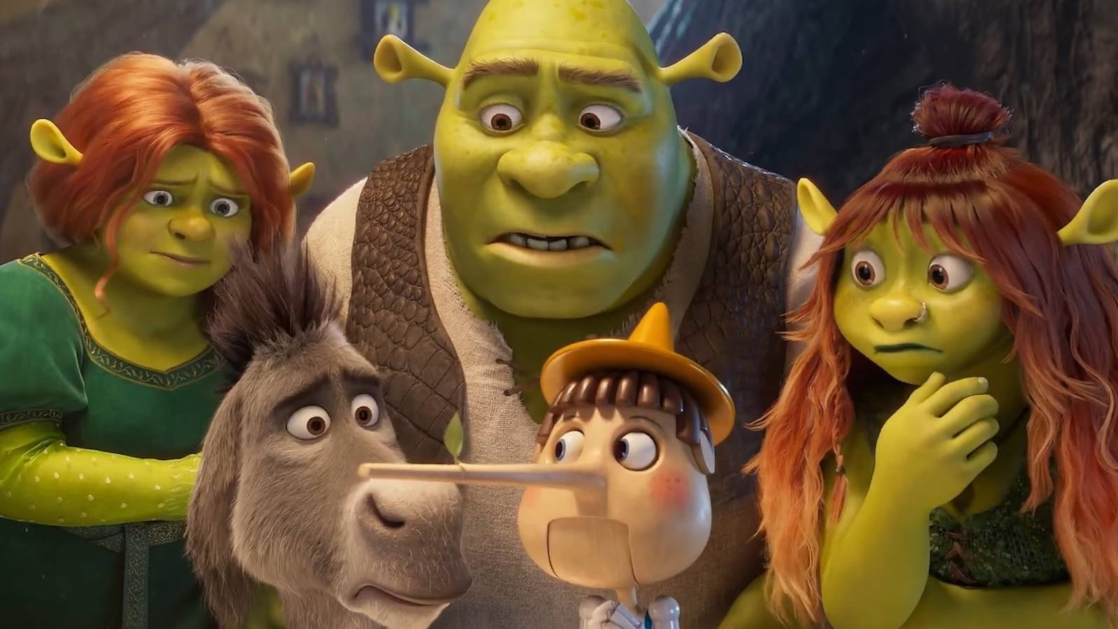 Fiona, Shrek, Felicia, and Donkey staring at Pinocchio's nose in the Shrek 5 trailer