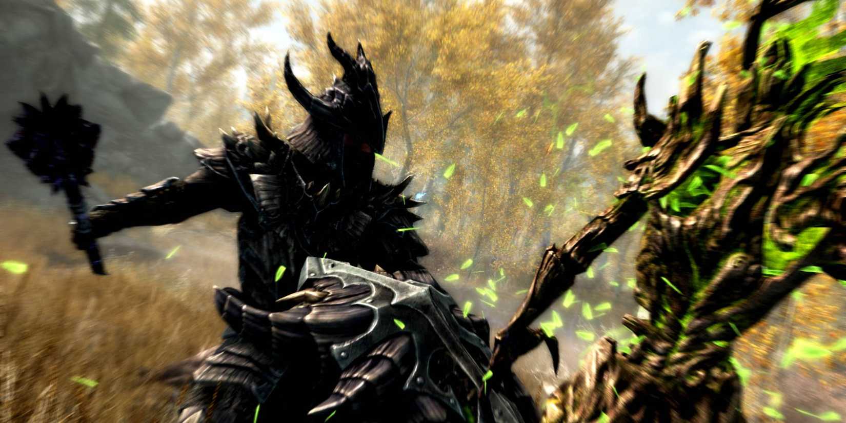 The player fighting a spriggan in a forest in Skyrim.