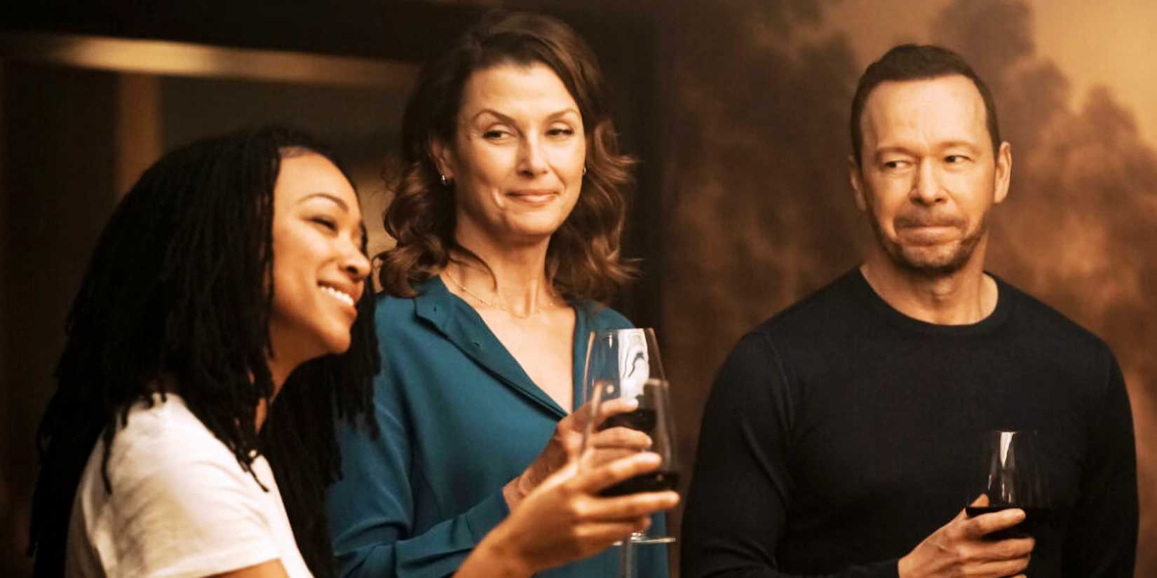 Sonequa Martin-Green as Lena Silver, Bridget Moynahan as Erin Reagan, and Donnie Wahlberg as Danny Reagan in Boston Blue pilot