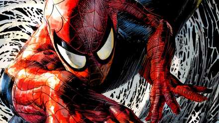 Spider-Man crawls through a web tunnel in dark Marvel artwork