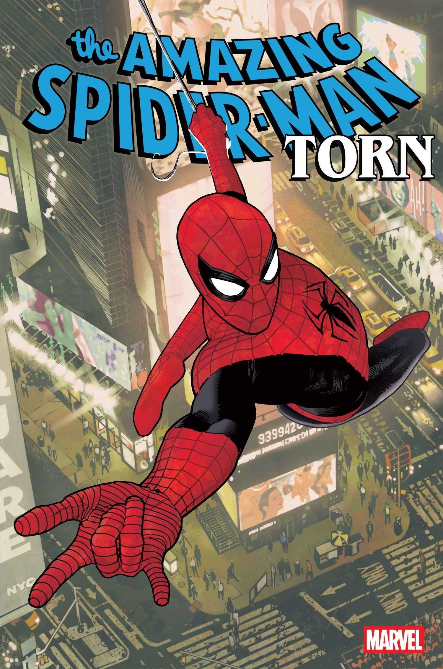 Spider-Man Torn #1 cover, Spidey webslinging against the backdrop of Times Square