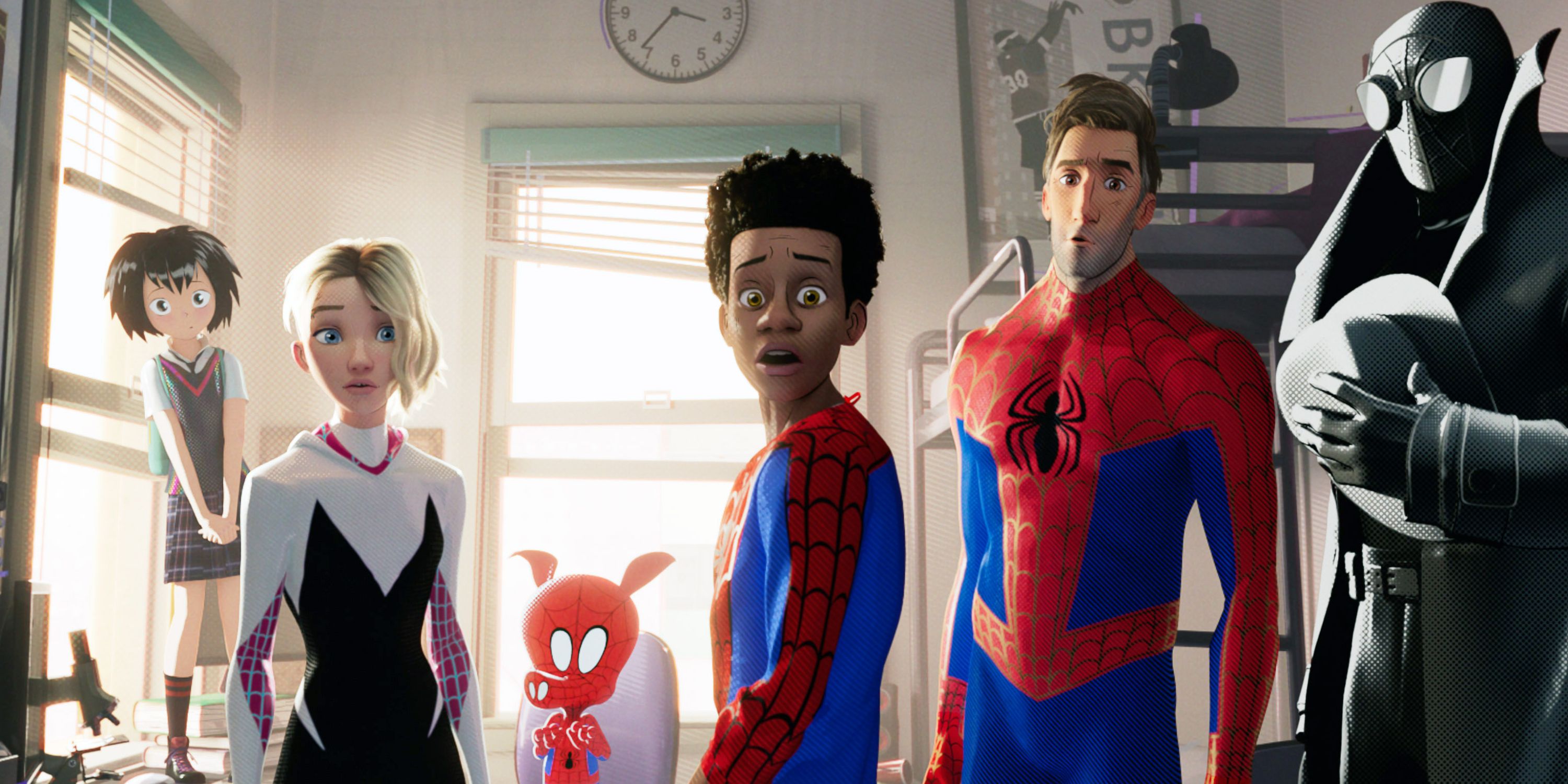 Spider-Man variants looking shocked in Spider-Man into The Spider-Verse