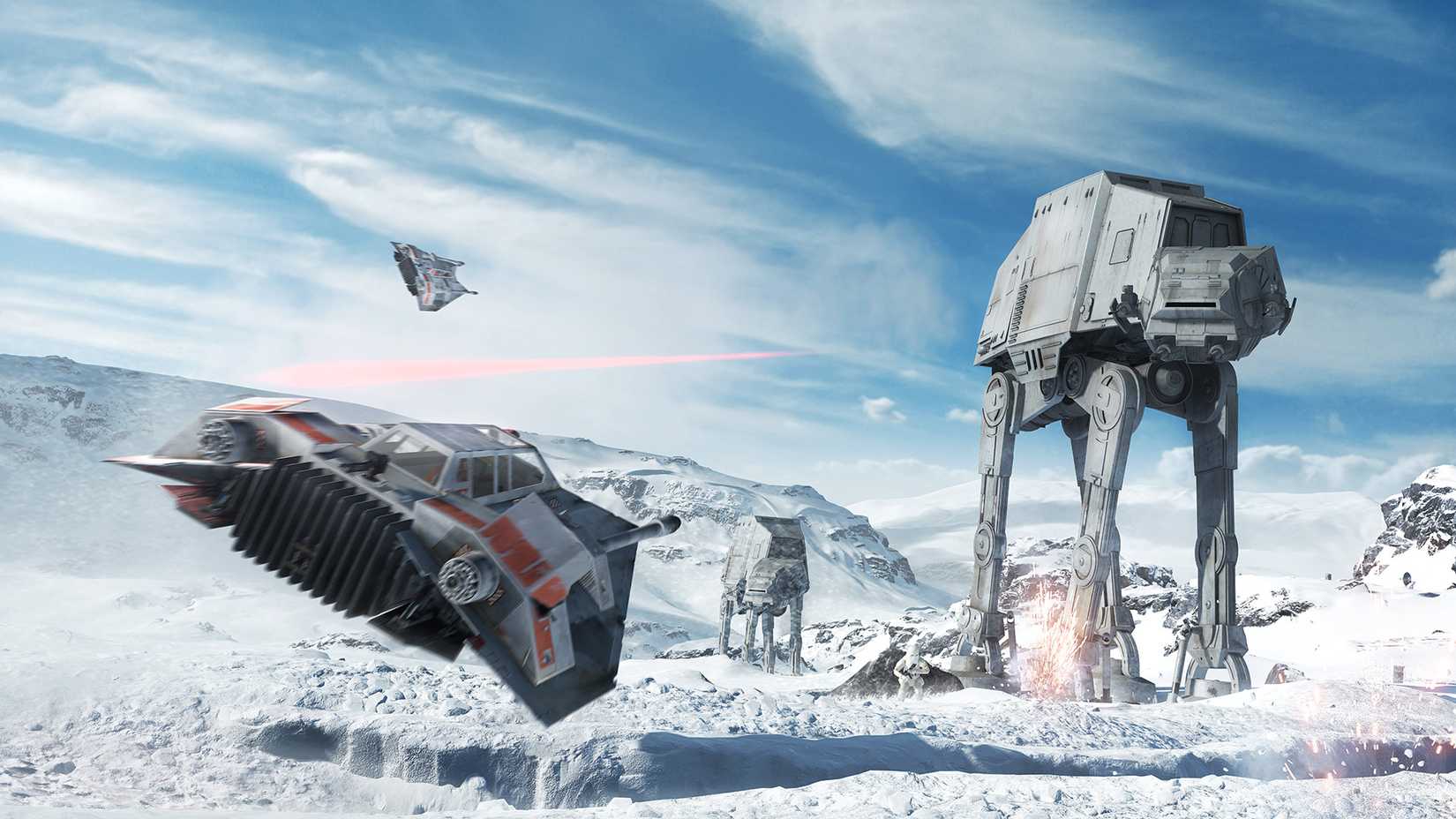 Star Wars: Battlefront screenshot of a snowspeeder firing on an AT-AT on Hoth in the middle of a battle