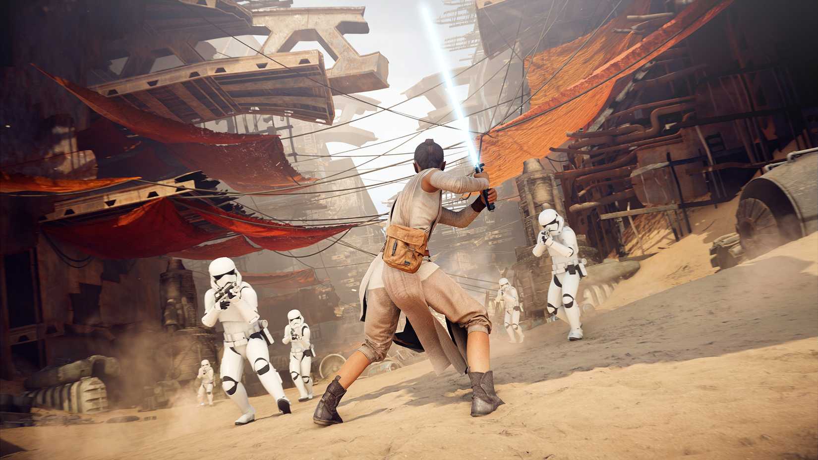 Star Wars: Battlefront 2 screenshot of a character with a lightsaber facing off against stormtroopers