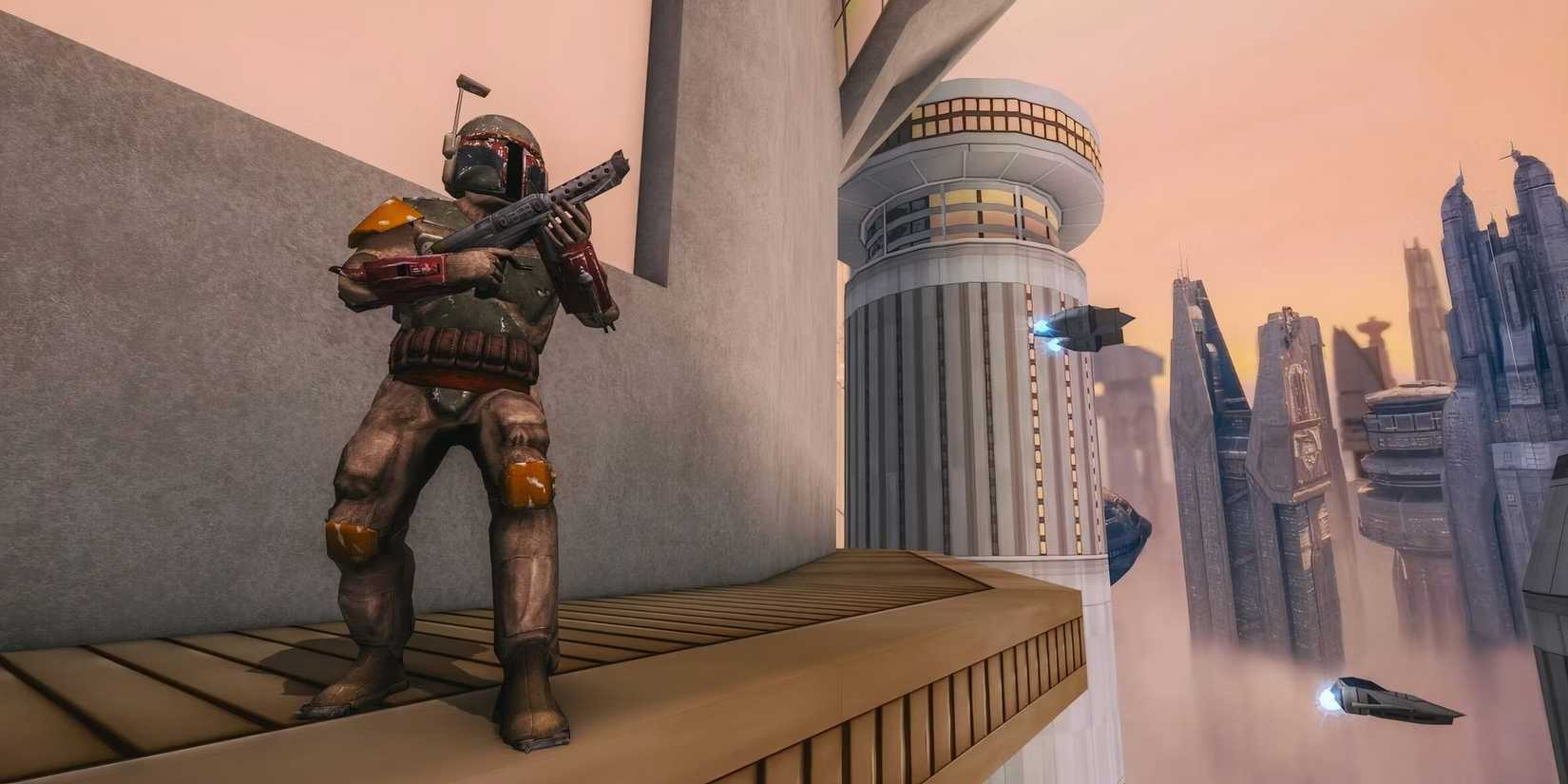 Boba Fett overlooks a city in Star Wars Bounty Hunter.
