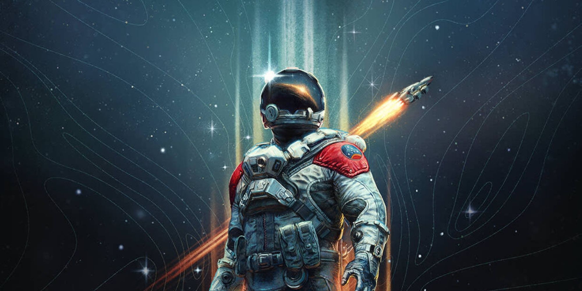 A Starfield astronaut looks up as ship flies in the distance.