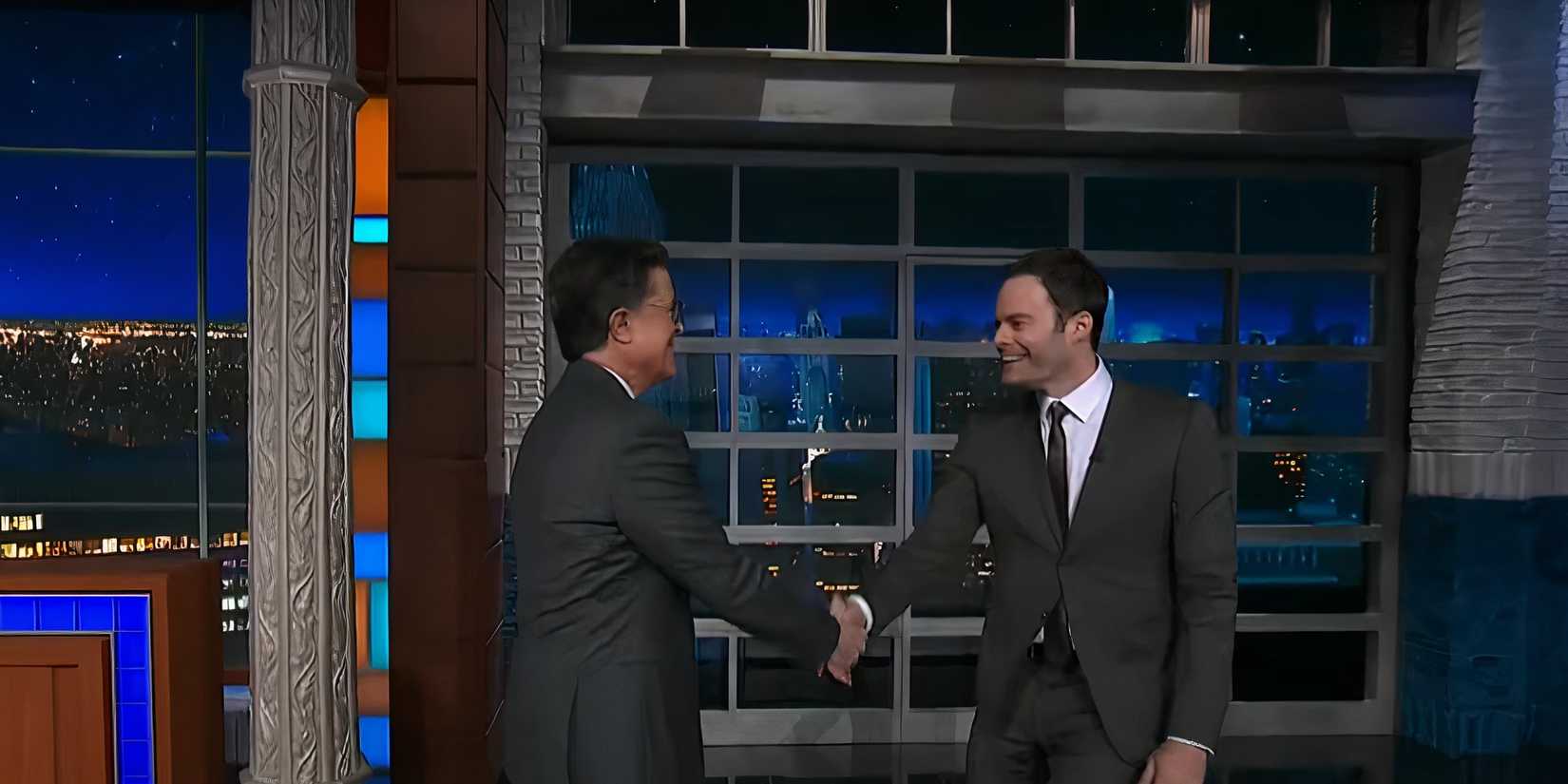 Stephen Colbert and Bill Hader shake hands on The Late Show