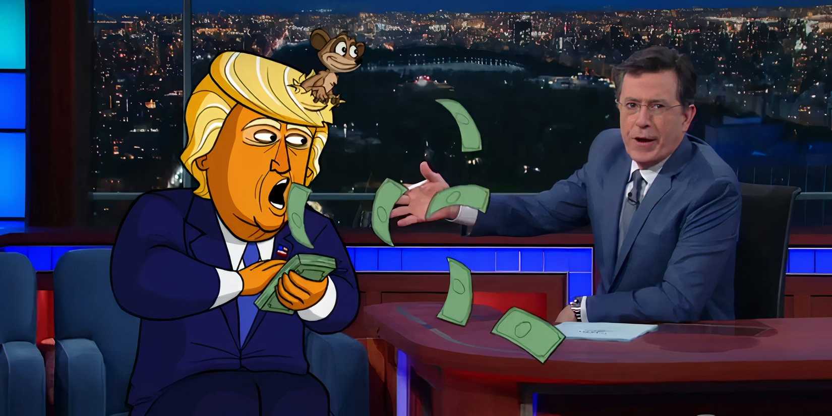 Stephen Colbert interviews a cartoon version of Donald Trump who's throwing money everywhere on The Late Show