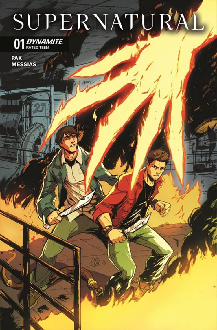 Supernatural #1 variant cover, Sam and Dean confronted by a flaming hand