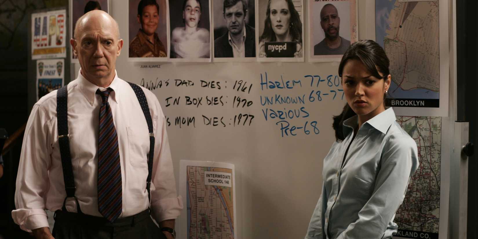Cragen and Millie in front of a white board with crime notes in the SVU episode "Name"
