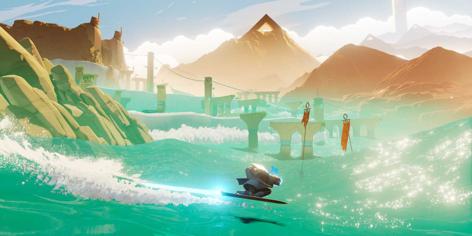 Sword of the sea Wraith glidnig past a mountain on his hoversword