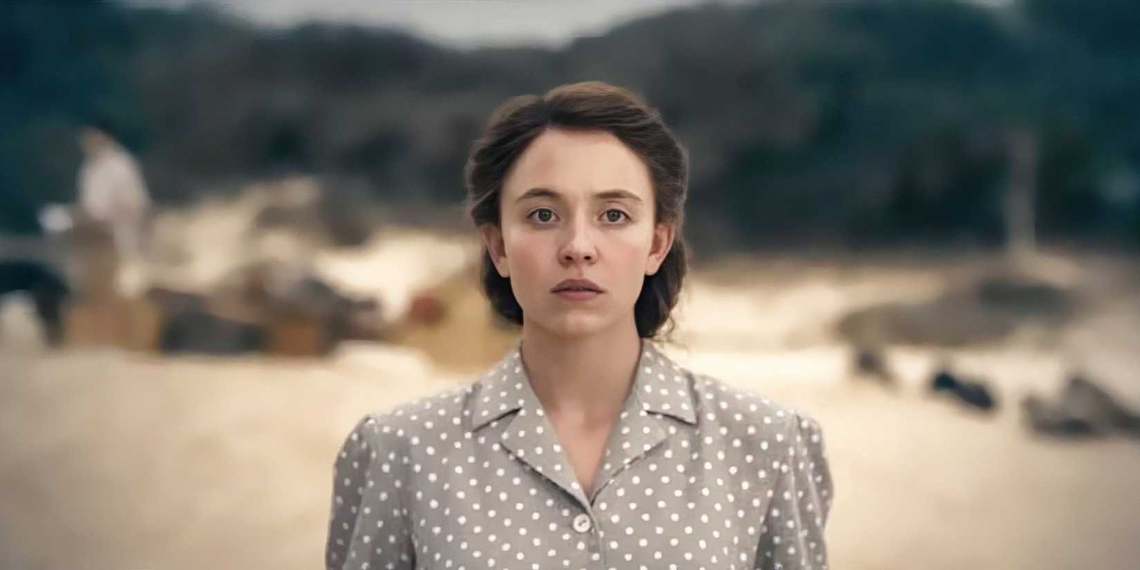 Sydney Sweeney gazes forward with a look of mild alarm in Eden