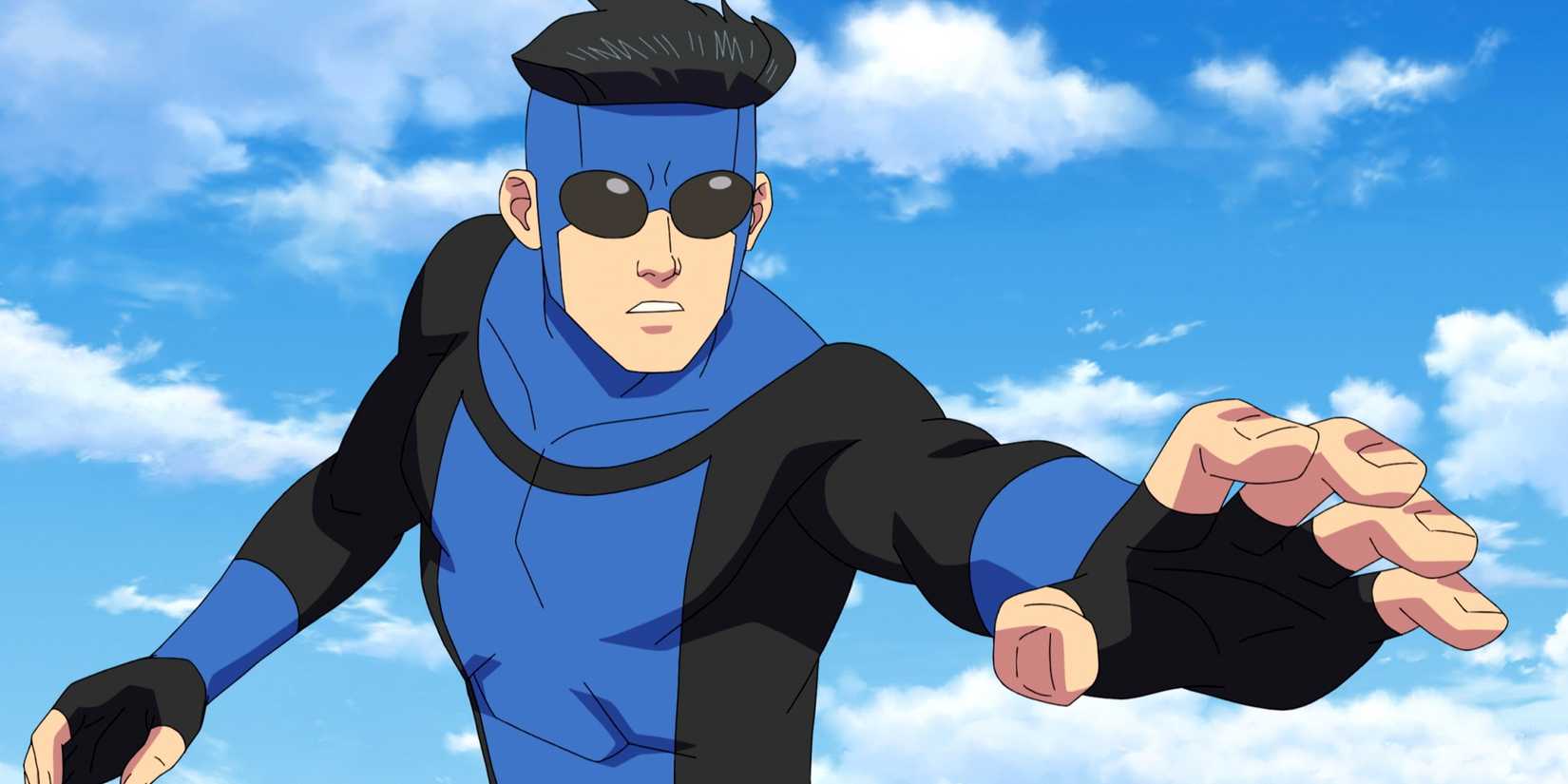 Mark/Invincible wearing a blue suit and reaching out while flying in Invincible Season 3