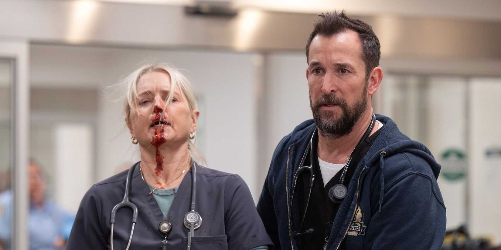 Noah Wyle and a bloodied Katherina LaNasa in The Pitt season 1