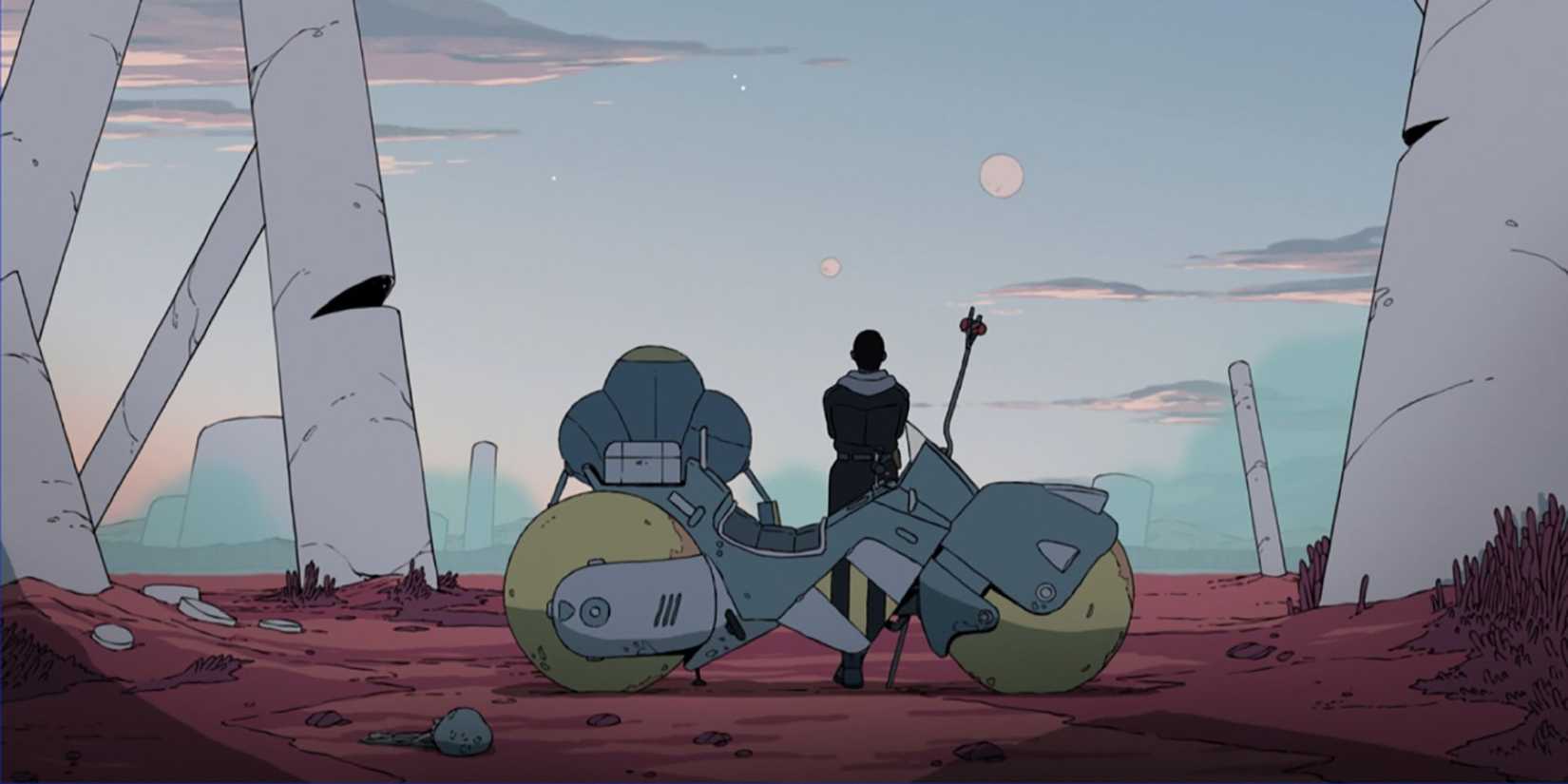 Azi and Levi staring off into the sky in Scavengers Reign.