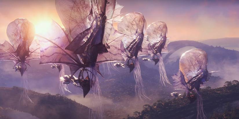 the Air Na'vi's ships floating in the air against a purple sky in Avatar Fire and Ash