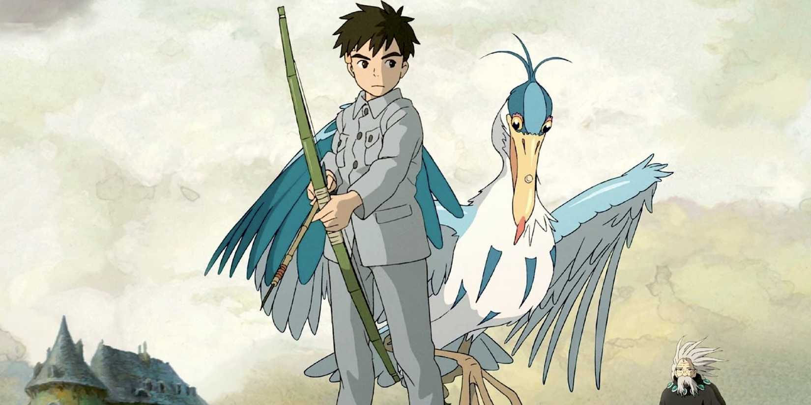 The Boy and the Heron's Mahito stands with a bow next to the gray heron.