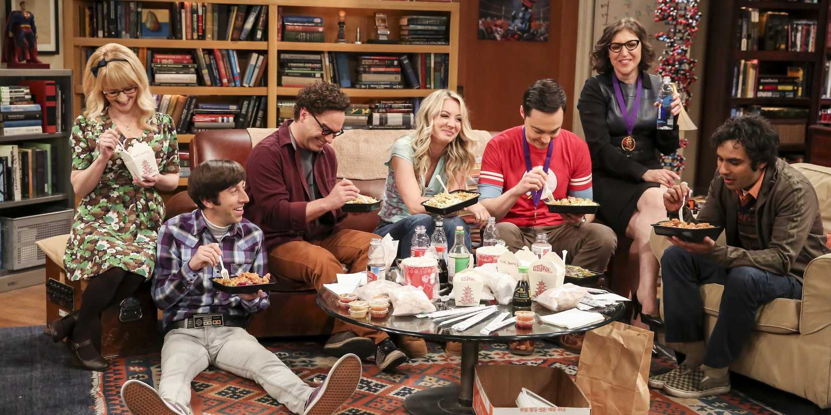 The cast of The Big Bang Theory eating food