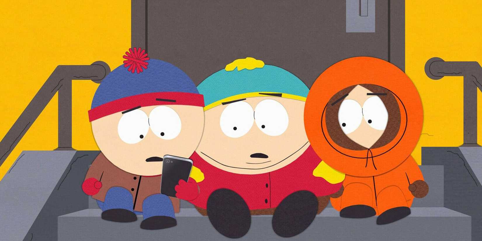 The characters in South Park, especially Cartman, looking shocked while staring a phone