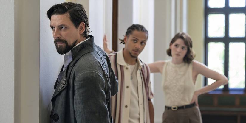 Callum McGowan as Vikram Chamberlain, Bluey Robinson as Connor Green, and Olivia Morris as Lysa Pascal in The Librarians: The Next Chapter