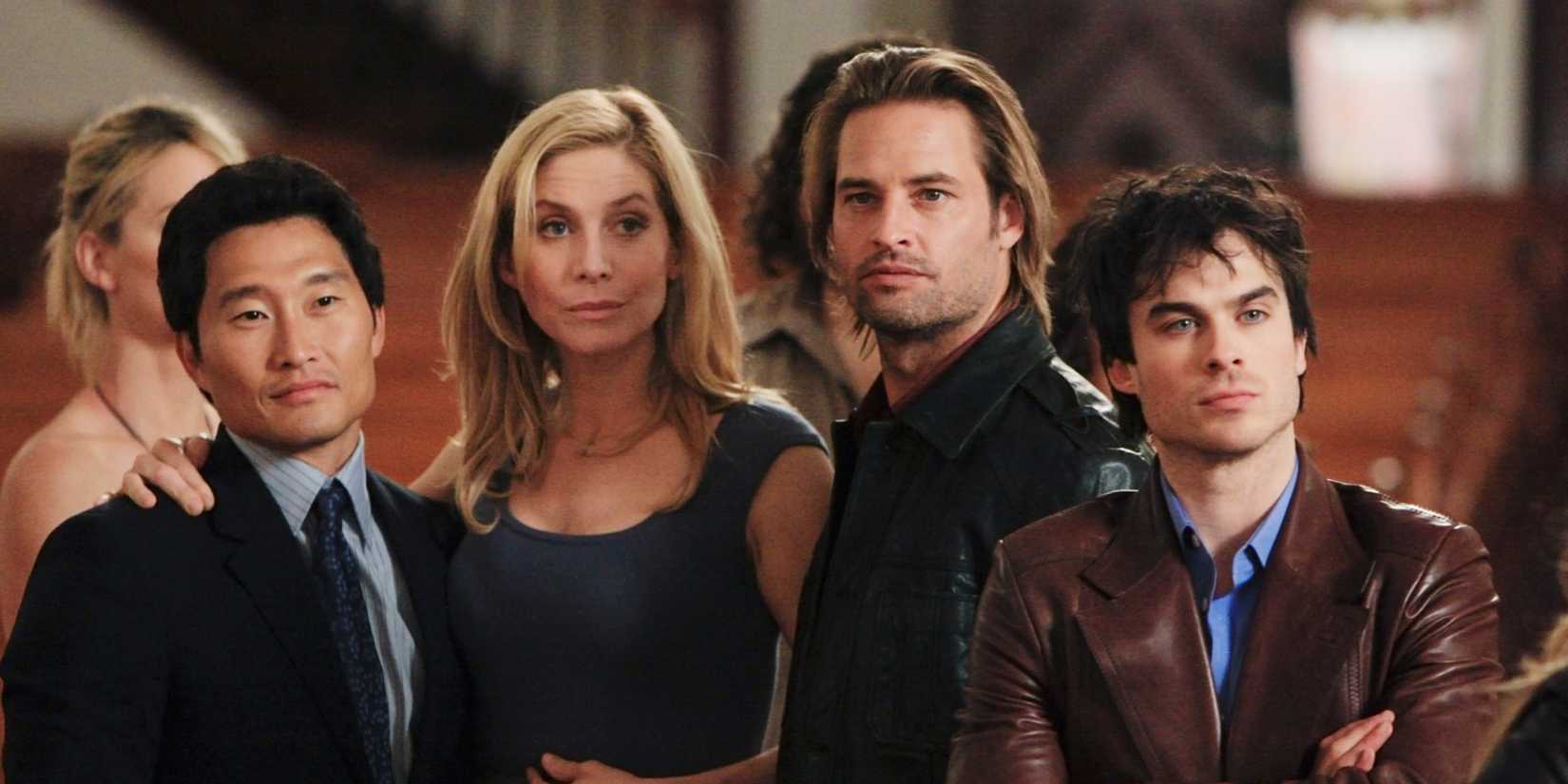 Jin, Juliet, Sawyer, and Boone standing together in the church in the Lost finale
