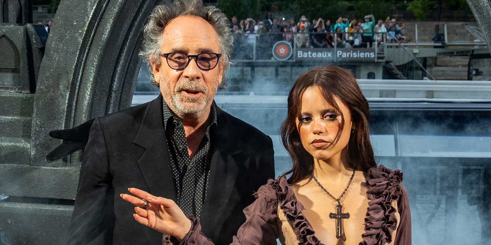Tim Burton and Jenna Ortega on the red carpet for Le Beach Club de Mercredi (Wednesday's Beach Club) opening