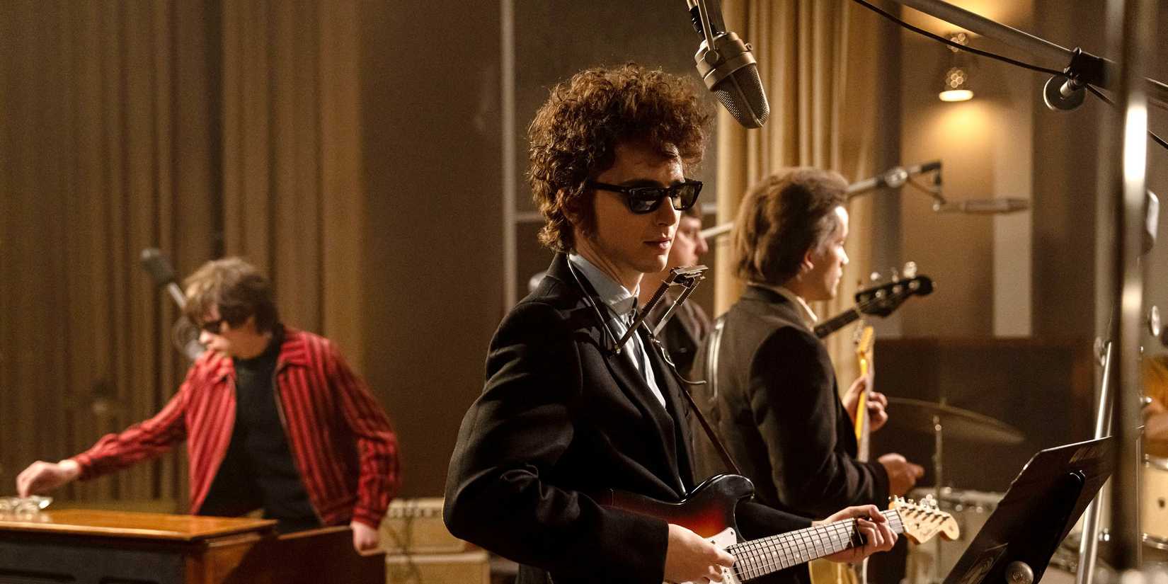 Timothee Chalamet as Bob Dylan in the studio in A Complete Unknown