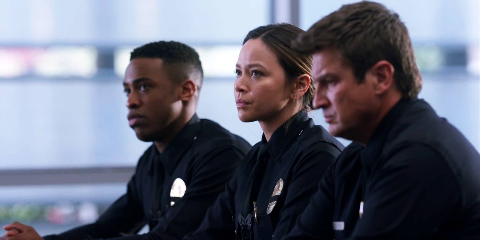 Titus Makin Jr as Jackson West, Melissa O'Neil as Lucy Chen, and Nathan Fillion as John Nolan in The Rookie season 1, episode 16