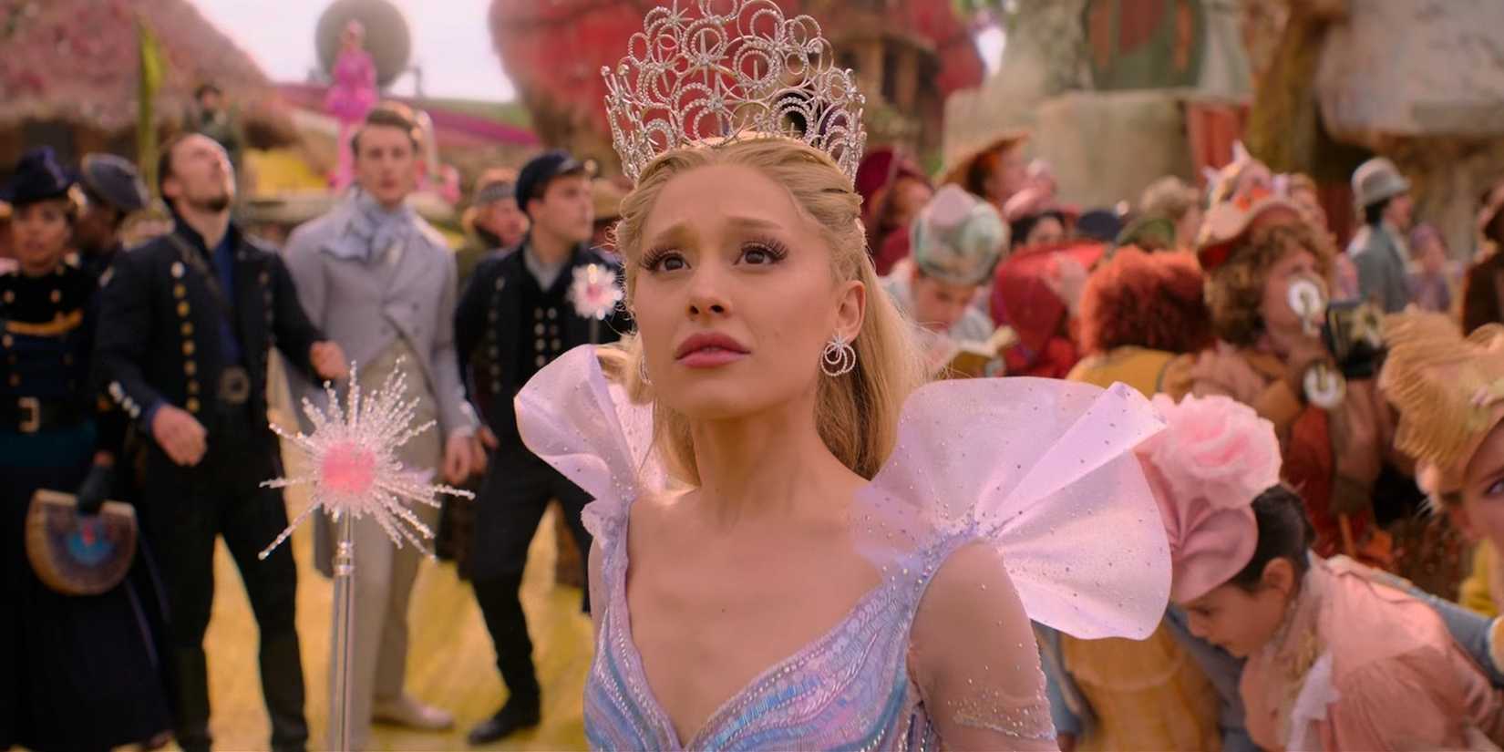 Ariana Grande as Glinda looks up in Munchkinland in Wicked: For Good