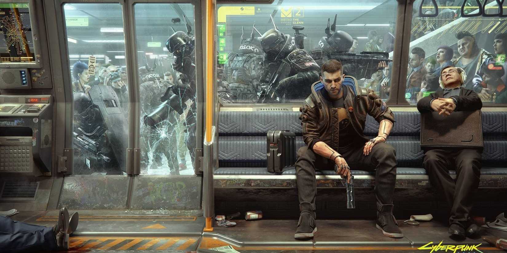V riding the subway in Cyberpunk 2077