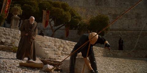 Tywin Lannister talking to Maester Pycelle as he fishes in a deleted scene from Game of Thrones season 3.