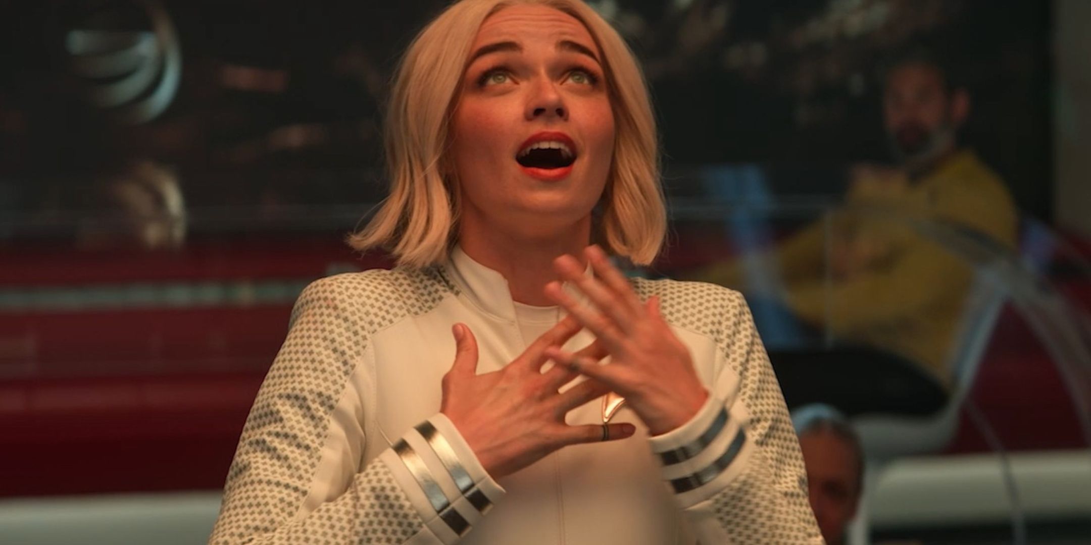 Jess Bush looking surprised as Jess Bush in Star Trek: Strange New Worlds