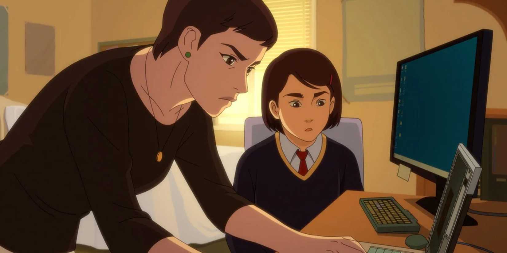 Ellen and Maddie frowning at a computer as they stare intently at the screen in Pantheon.