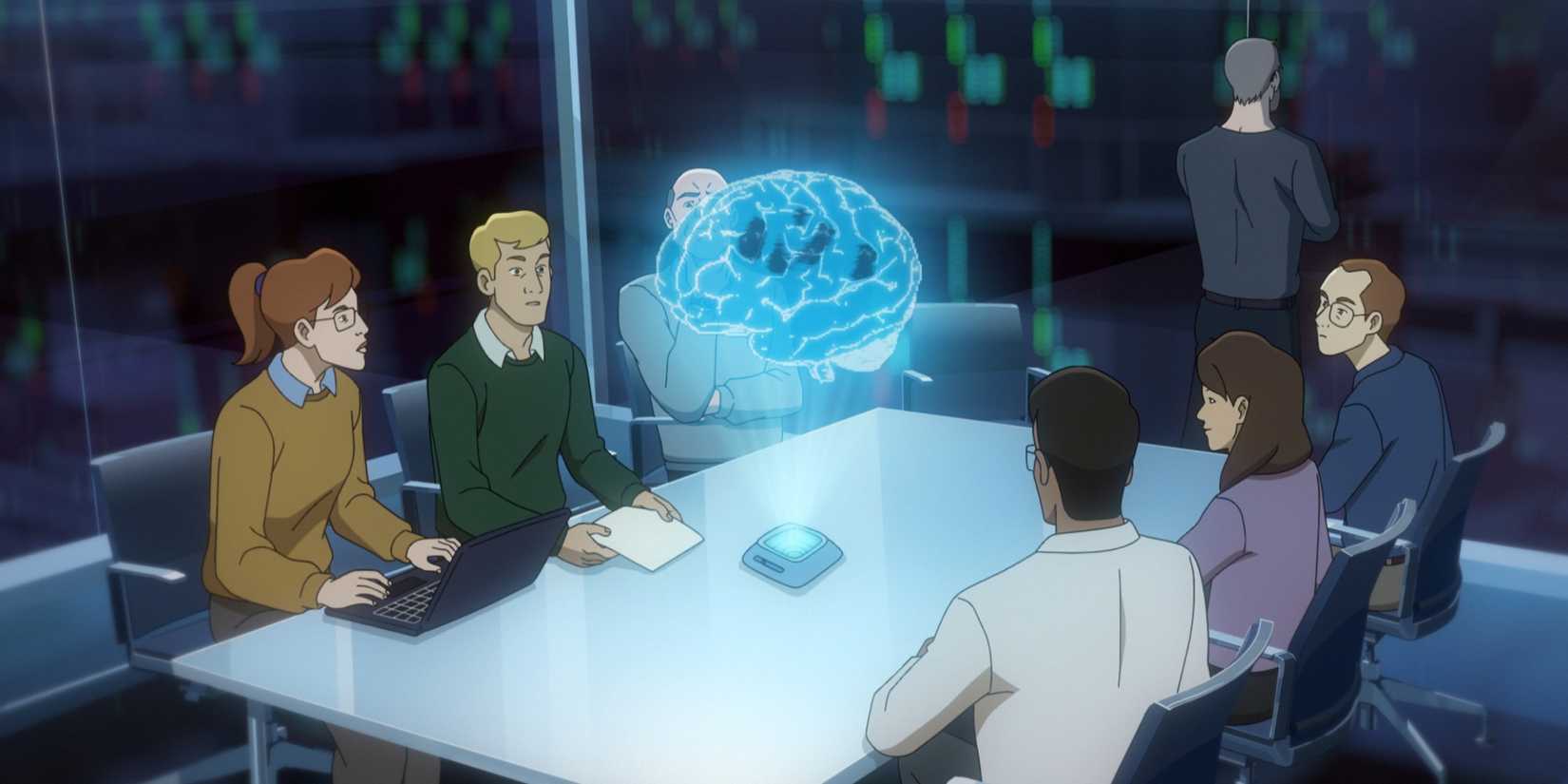 A group of Uploaded Intelligence sitting around a hologram of a brain in a conference room in Pantheon.