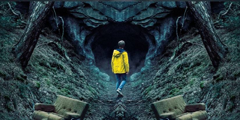 A young man wearing a yellow anorak and entering a cave in the TV show Dark