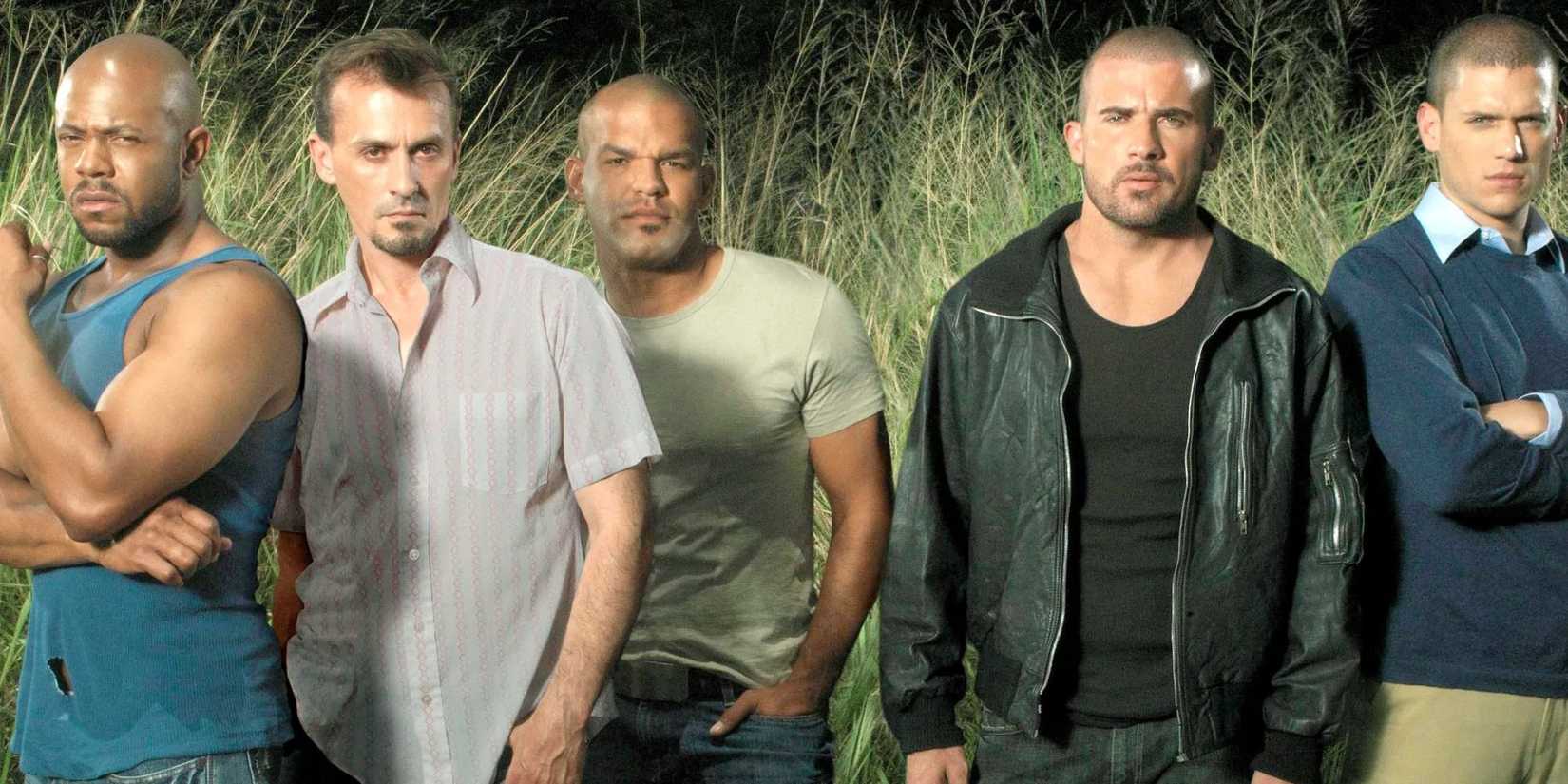 C-Note, T-Bag, Sucre, Lincoln, and Michael posing side by side in a field on Prison Break
