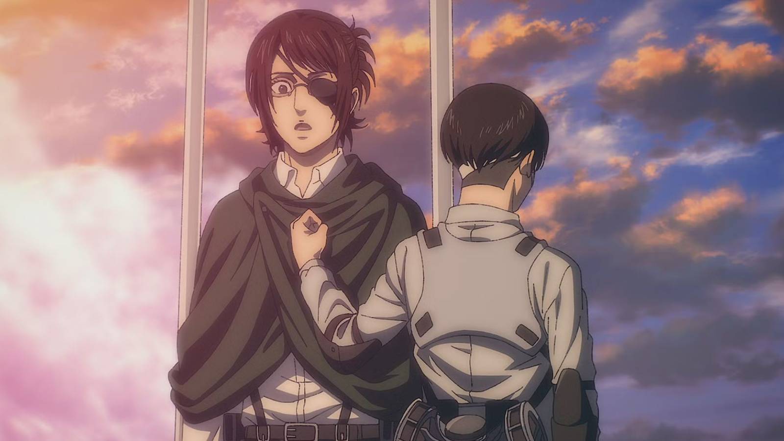 Two characters in Attack on Titan, one with an eyepatch and facing the camera. The other facing away. Both are against a background of a colorful cloudy sky.